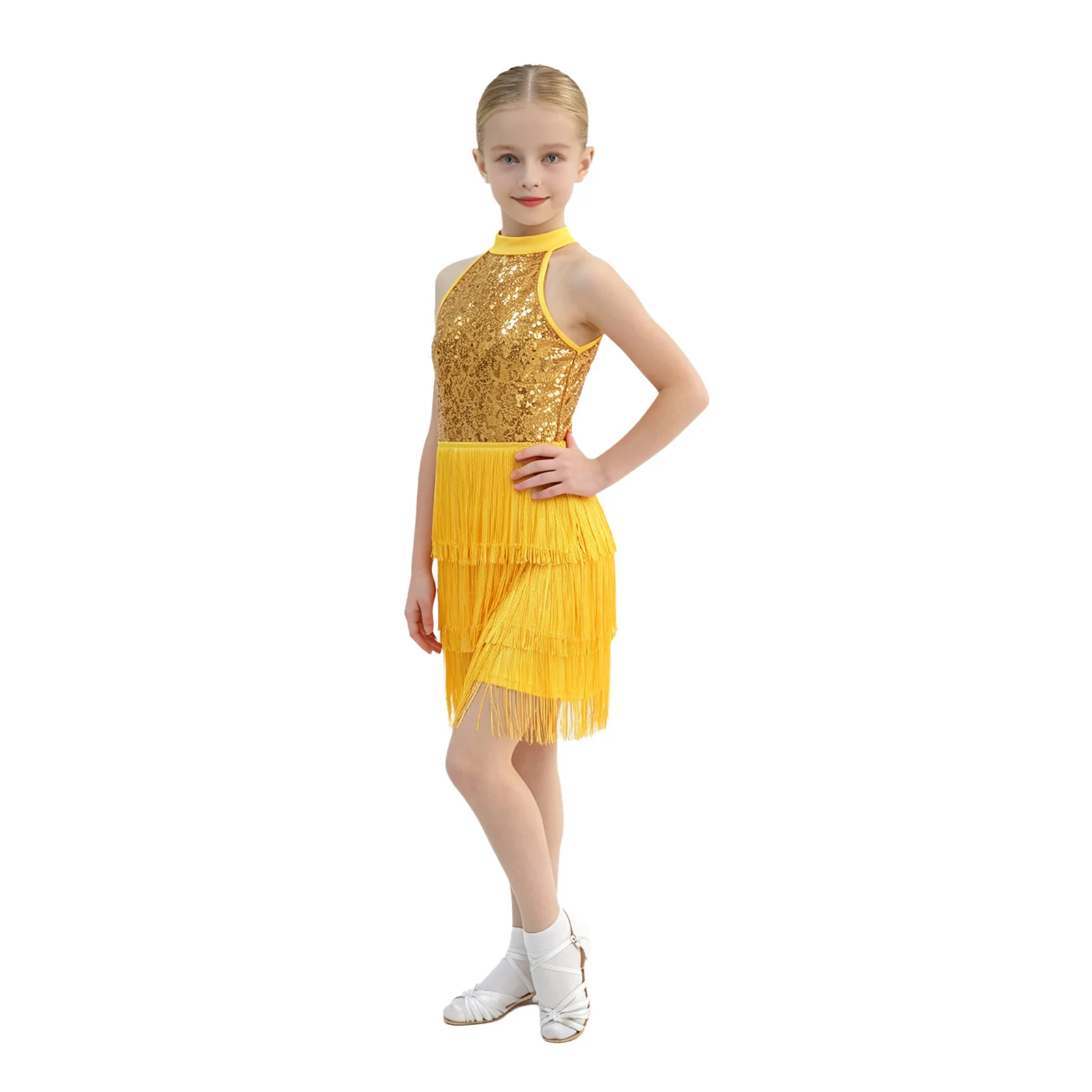 Kids Girls Latin Dance Outfit Chacha Dancewear Halter Sleeveless Sequin Tiered Tassel Dress with Shorts for Stage Performance
