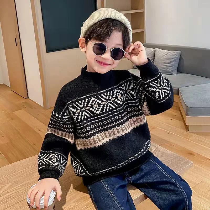 Black Thicken Autumn Winter Pullover Outwear Children's Clothing Boys Woolen Sweater Crochet Cotton Windbreak 2025