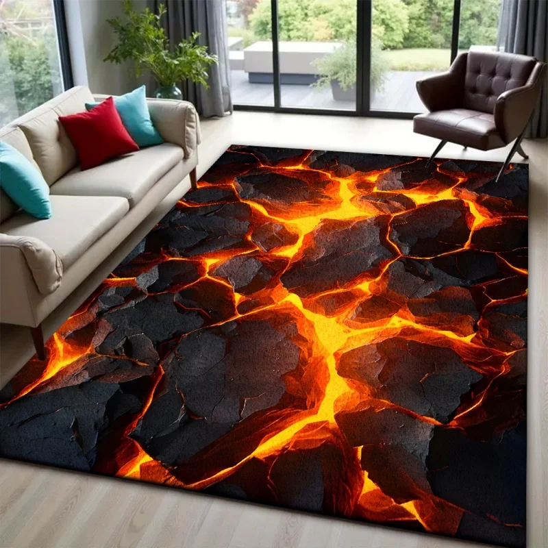 Cracked Volcanic Lava Magma Optical Illusion Area Rug, Glowing Hot Rock Creative Visual Non-slip Floor Mat for Living Room