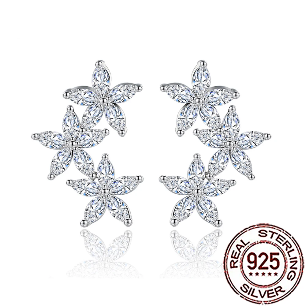

QooLady 925 Sterling Silver Fashion CZ Crystal Cluster Flower Stud Earrings for Women Engagement Wedding Fine Jewelry Gift SE108