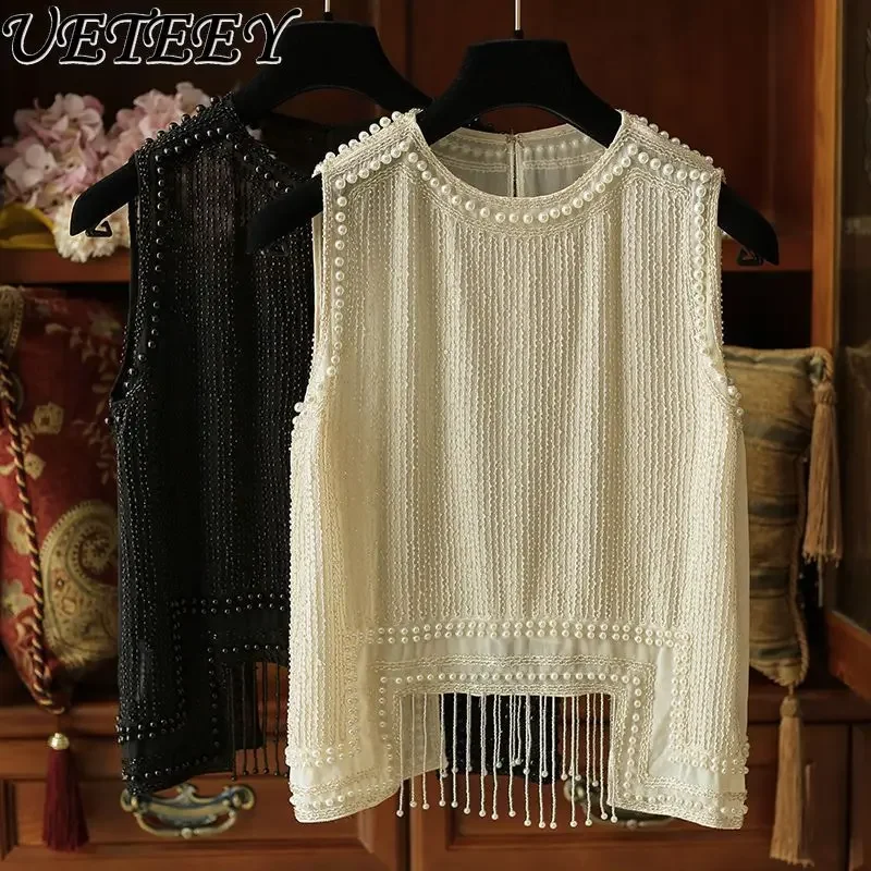 European American Summer New Fashionable Elegant Top Niche Heavy Industry Exquisite Beaded Vests Short Tassel Vest Y2k Clothes