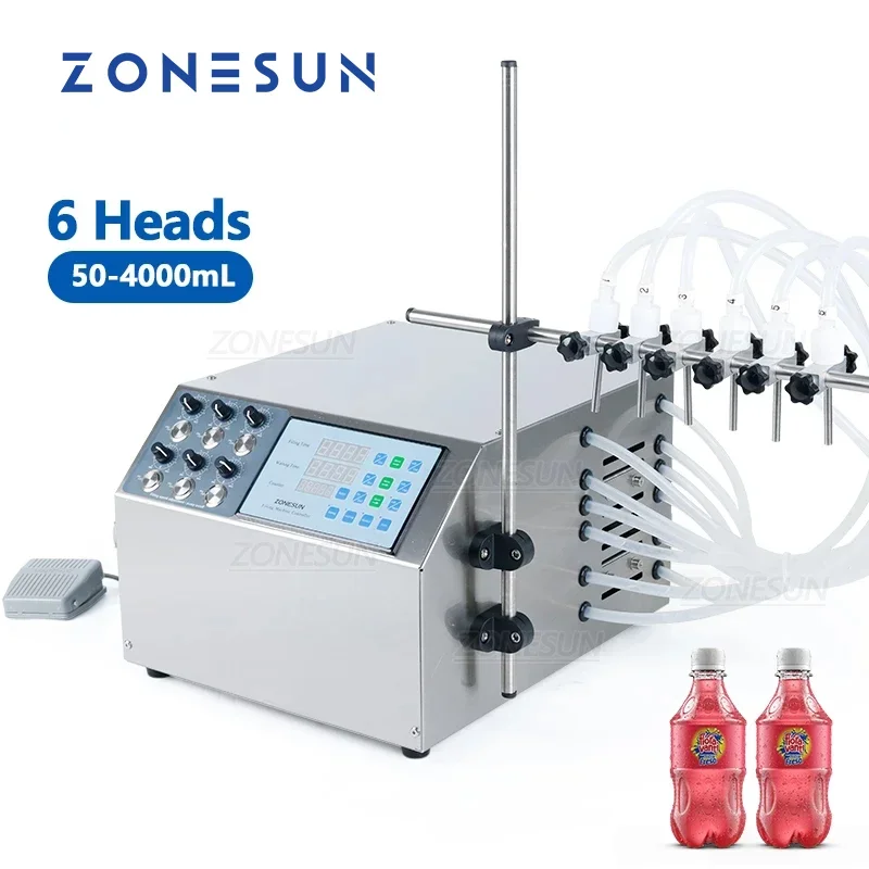 

ZONESUN 6 Nozzles Semi Automatic Mango Juice Milk Water Bottle Filler Beverage Liquid Diaphragm Pump Filling Machine