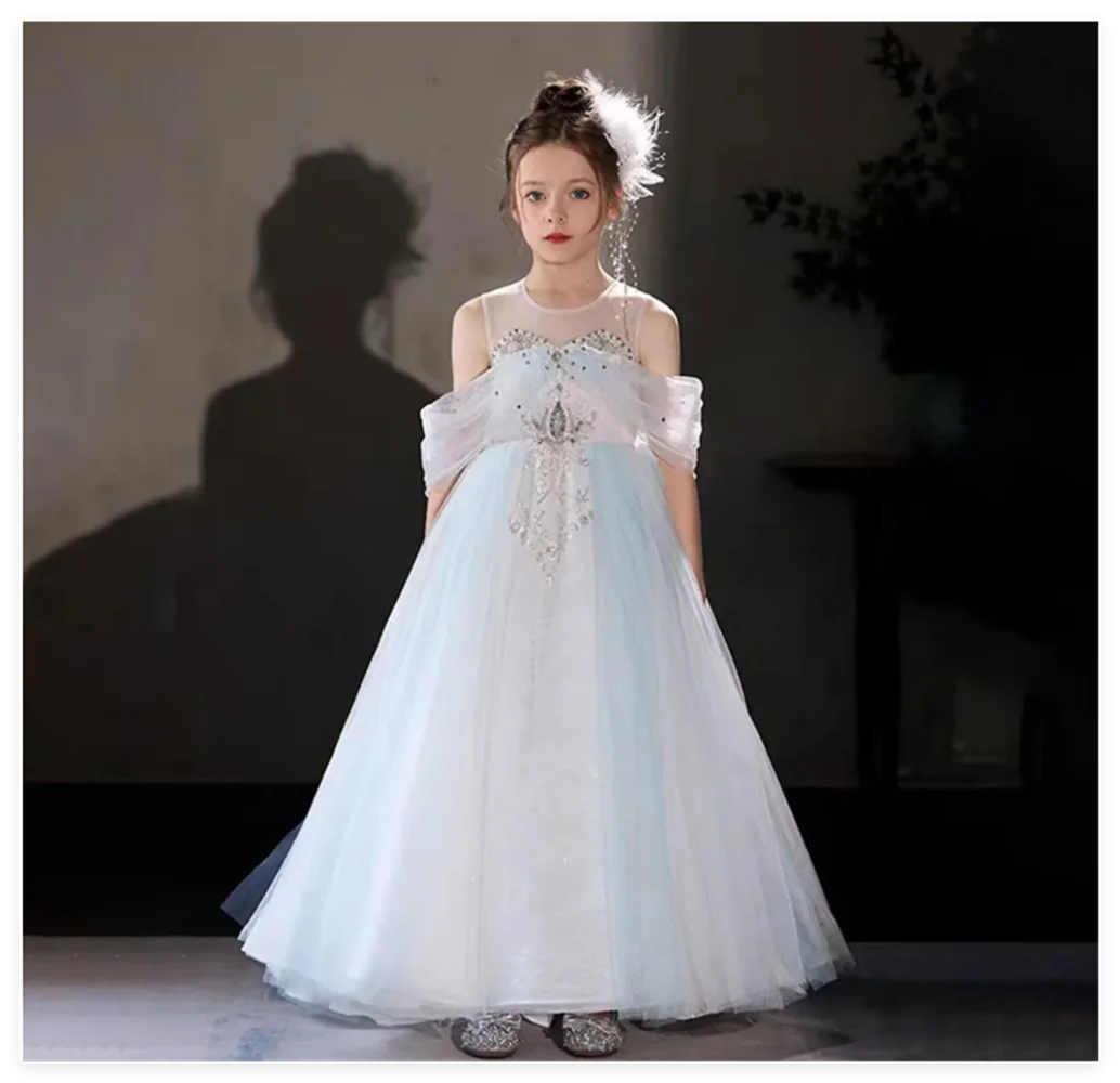 Abito da ragazza di fiori per matrimonio Abito da ballo a strati con maniche a palloncino Elegante principessa per bambini Festa di compleanno Abiti da prima comunione