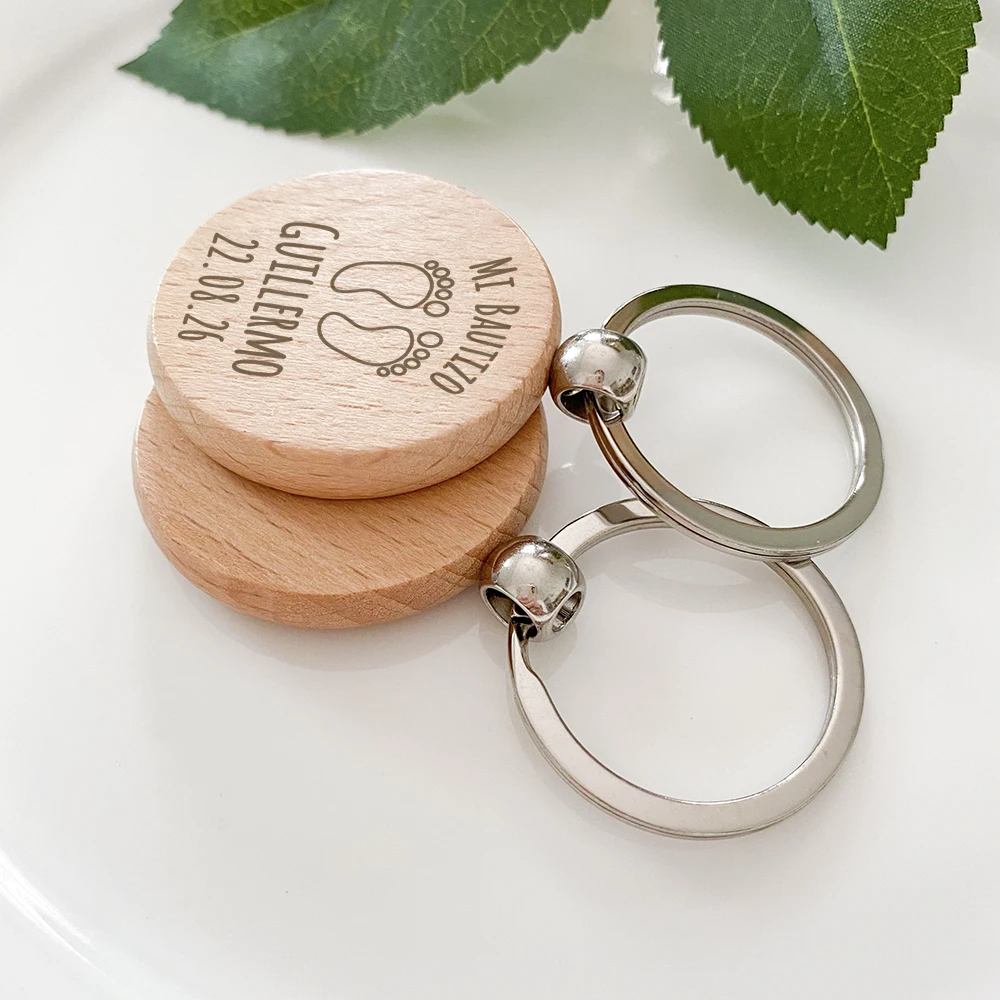 Custom Wooden Keychains Baptism Gifts for Guests Baby Christening Favors First Birthday Souvenirs Personalised Key Rings