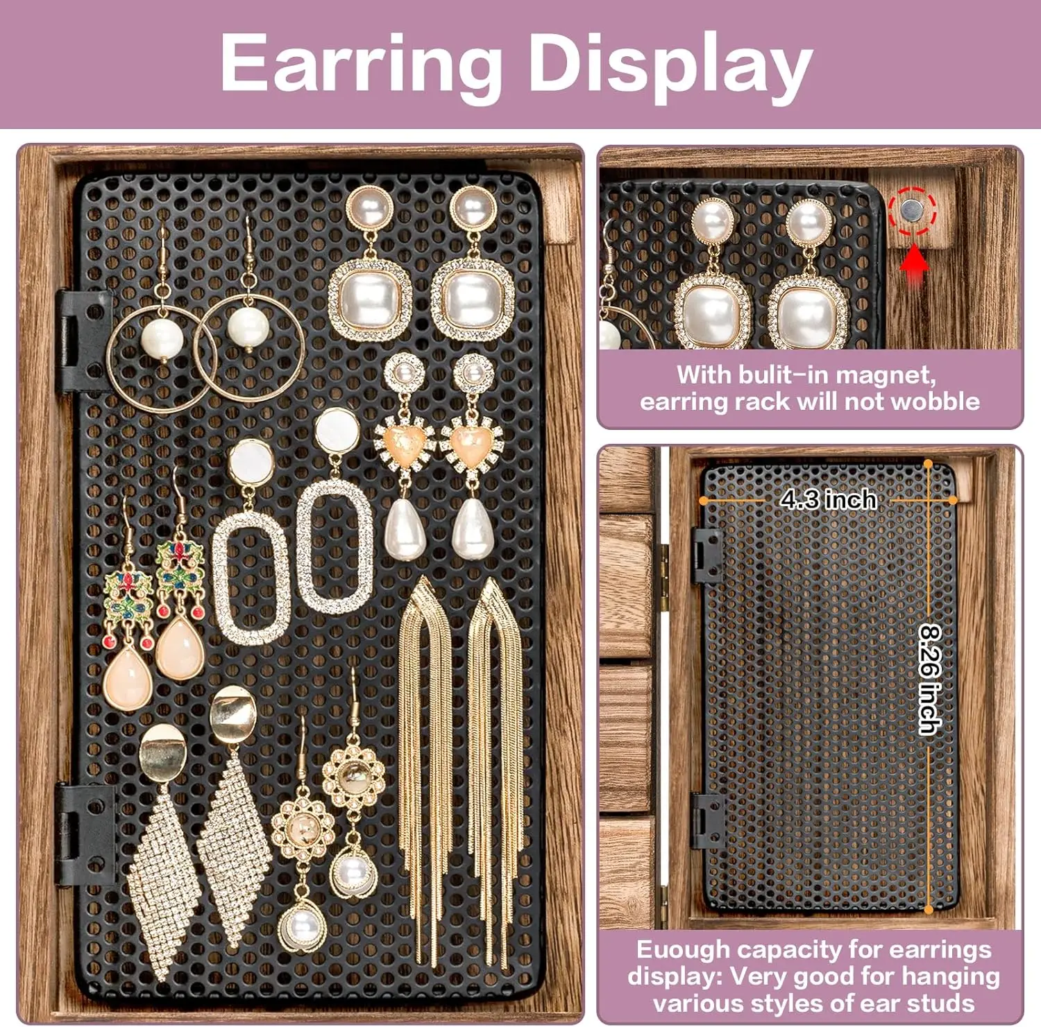 صندوق مجوهرات خشبي للنساء، صندوق منظم كبير مكون من 5 طبقات مع مرآة و4 أدراج للخواتم والأقراط والقلائد العتيقة #3