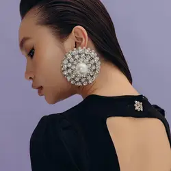 Oversize Crystal Round Dangle Earrings Pearl Inlaid Women Wedding Gift Fashion Gift Statement Rhinestone Hanging Earrnigs Party