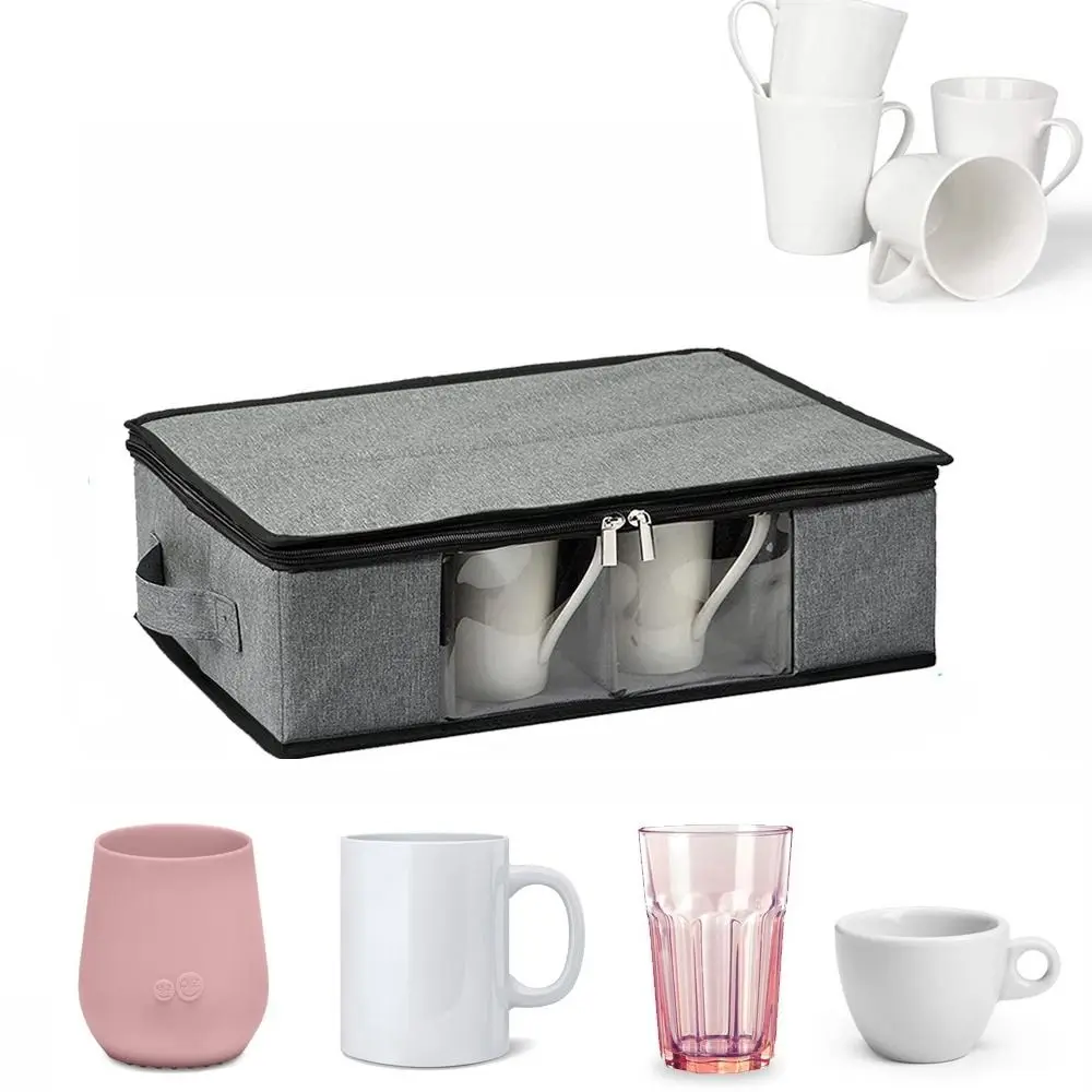 

Portable Zipper Mug Storage Box Dustproof Waterproof Cup Storage Chest Stackable with Dividers 12 Slots Glassware Bin Tea Cup