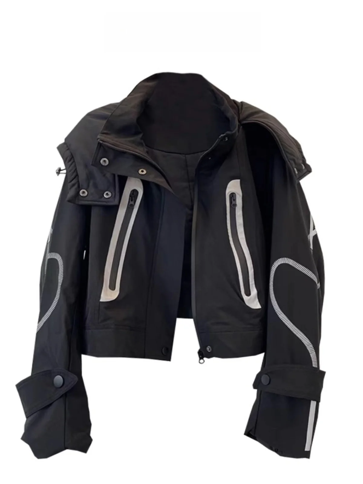 

Black Hooded Short Workwear Jacket Women's Winter Cotton Padded Baseball Coat Slimming Korean Style Zipper Closure Long Sleeve