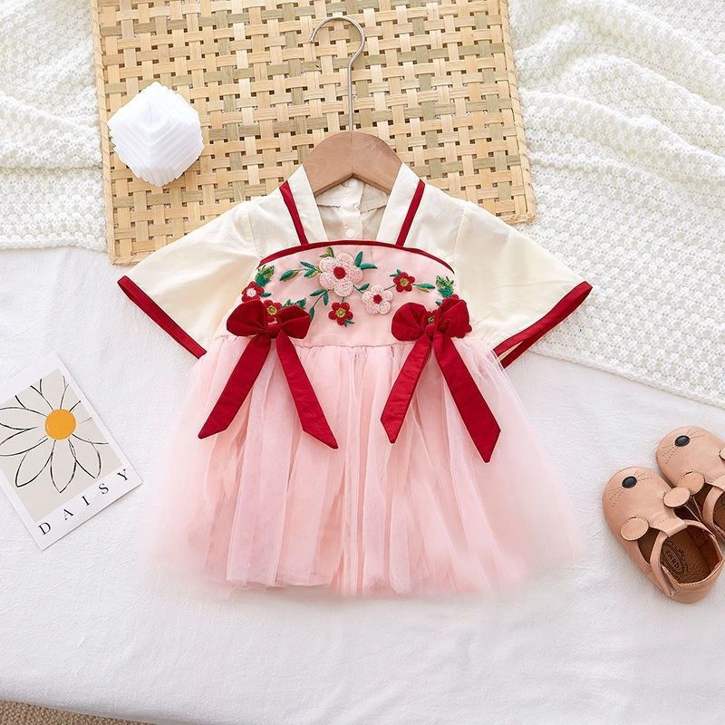 Baby Girl Dress Summer Floral Mesh Chinese-Style Girl Dress Cute New Year Spring Festival Baby Dress Baby Girl Clothes