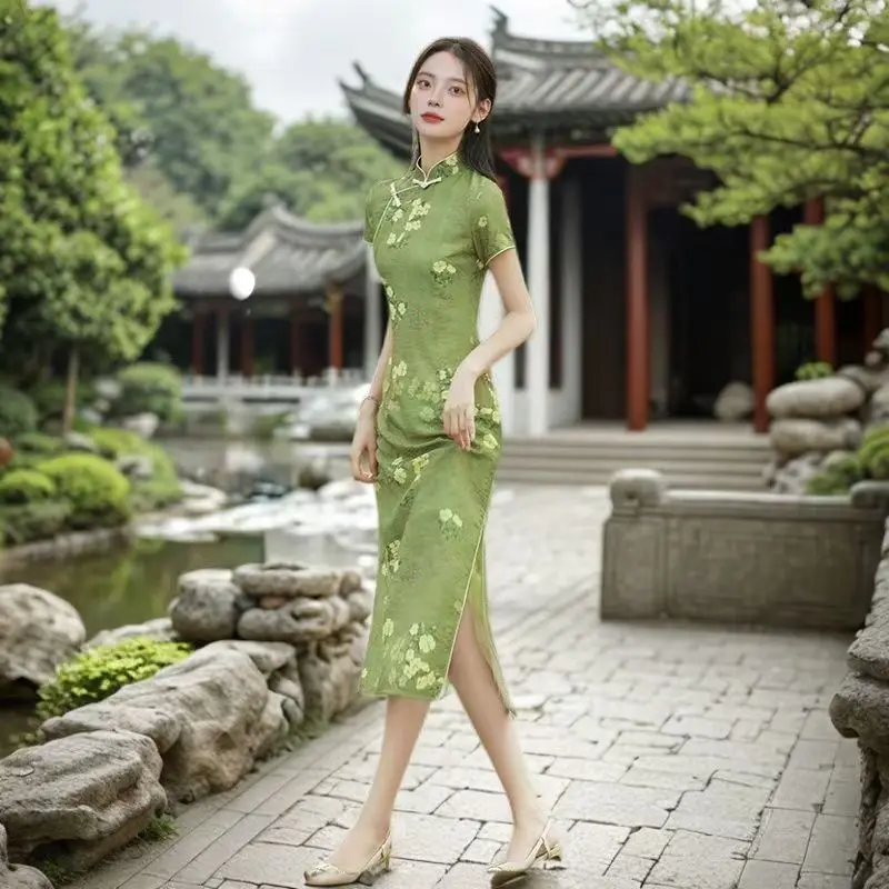 

Chinese Style Qipao Sexy Women Cheongsam Vintage Traditional Green Dress Long Vestidos