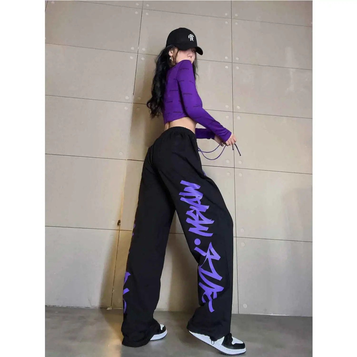 

American jazz dance pants women's high waist loose straight print design street hip hop casual sports sweatpants summer
