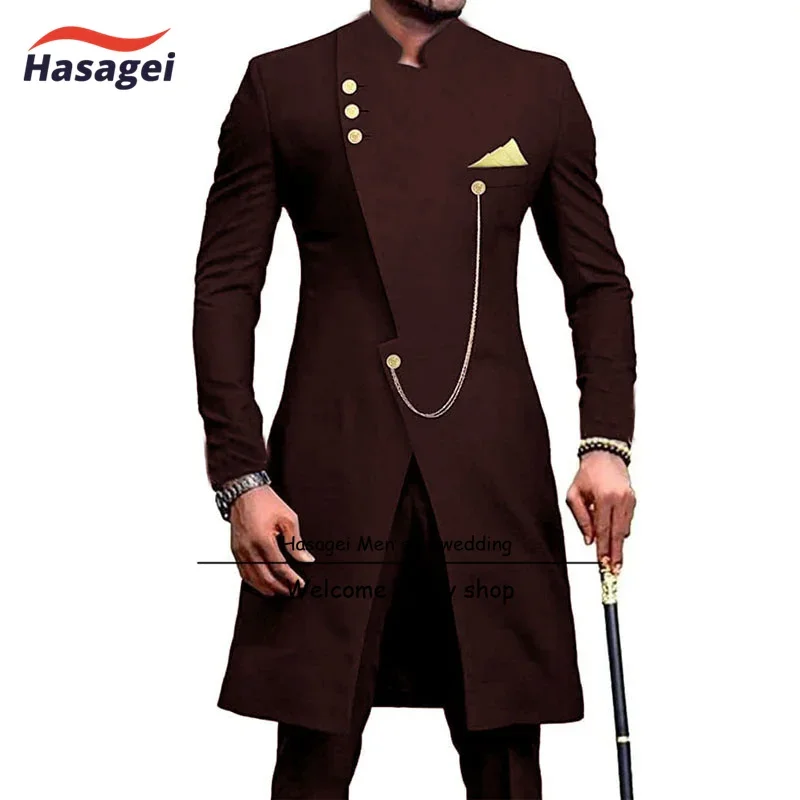 Traje de estilo indio para hombre, traje de 2 piezas, Chaqueta larga, esmoquin de novio de boda, chaqueta de un solo pecho, pantalones, ropa de