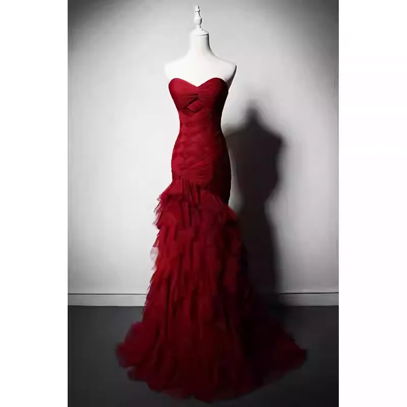 

Luxury Burgundy Fashion Trend Mermaid Strapless Tiered Ruffle Tulle Ruched Floor Length Slim Fitting Evening Prom Party Dress