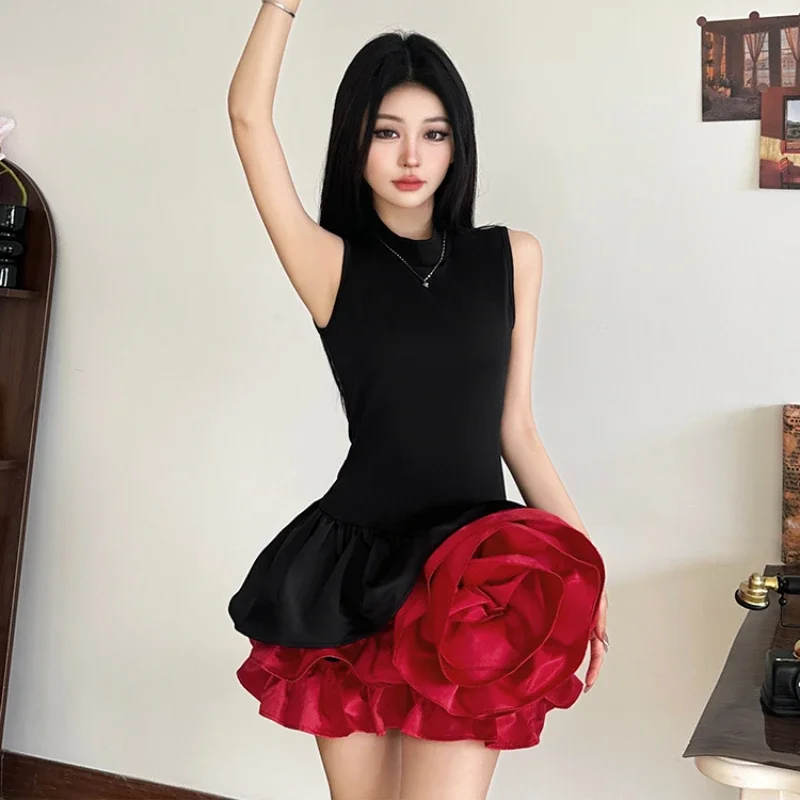 French Retro 3D Rose Birthday Dress Women\'s Sweet Round Neck Sleeveless Slim Waist Short Mini Dress Spicy Girl Floral Bud Dress