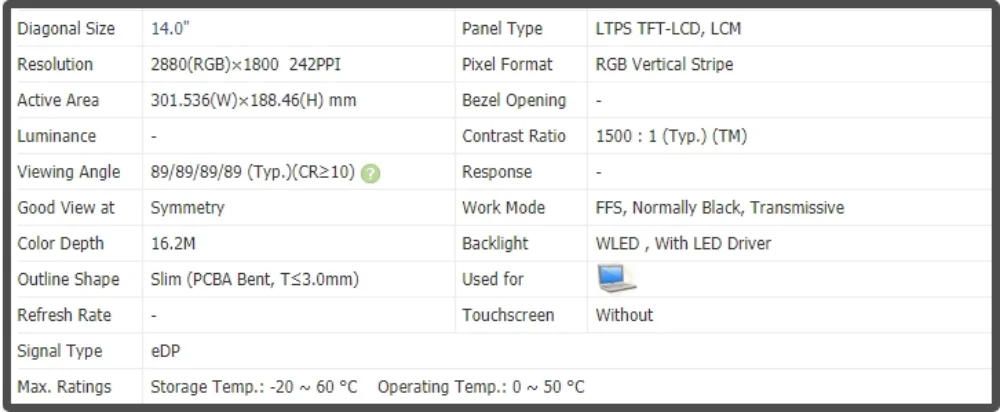 MNE007ZA1-4 SD11F38351 14 inch LCD Screen EDP 40pins IPS Panel QHD 2880x1800 Non-touch