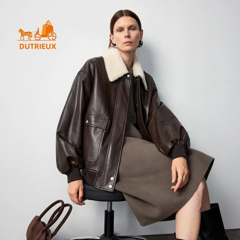 2025 New Winter Women's Fur Collar Quilted Workwear Genuine Leather Jacket, 100% Real Sheepskin Retro and Versatile Casual Coat