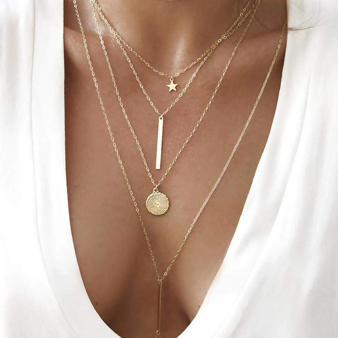 Layers Choker Necklace 14K Gold Silver Plated Y Pendant Necklace Multilayer Bar Necklace Adjustable Layer Necklace for Women