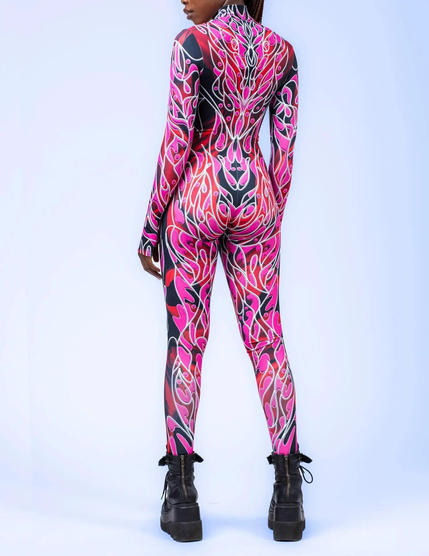 Damen Punk-Print Jumpsuit mit Unregelmäßigen Linien für Erwachsene, Cosplay-Bodysuit für Halloween, Karneval, Party, Auftritt, Radsport, Catsuit, Romper – Detail 16