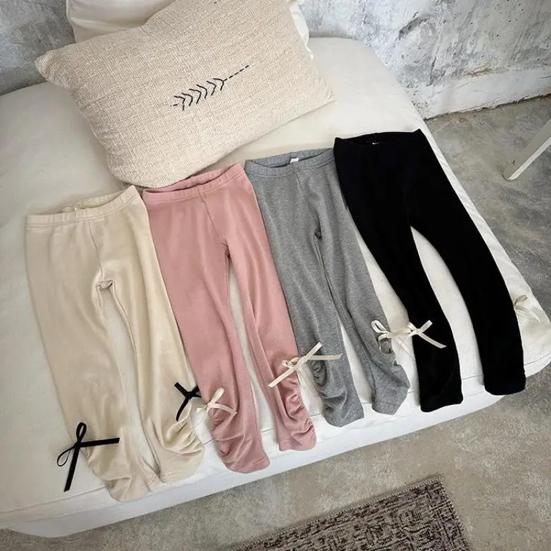 

2024 Autumn New Girls Cute Bow Leggings Cotton Children Solid Casual Tights Toddler Girls Stretch Pants Kids Versatile Trousers