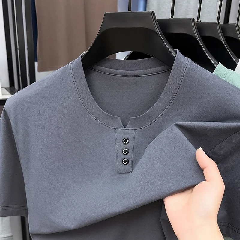 Mens Casual Short Sleeve Henley T Shirt V Notch Neck Tops With Three Buttons Lightweight Breathable Tees For Men Daily Outfits