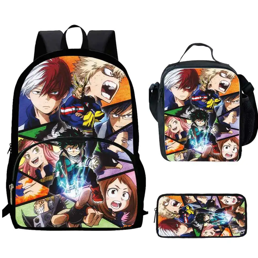 3 Stuks Set Mijn Held Mochila Academia Rugzakken Met Lunchtassen Etui, Cartoon Grote Capaciteit Schooltassen Voor Graad 1-5