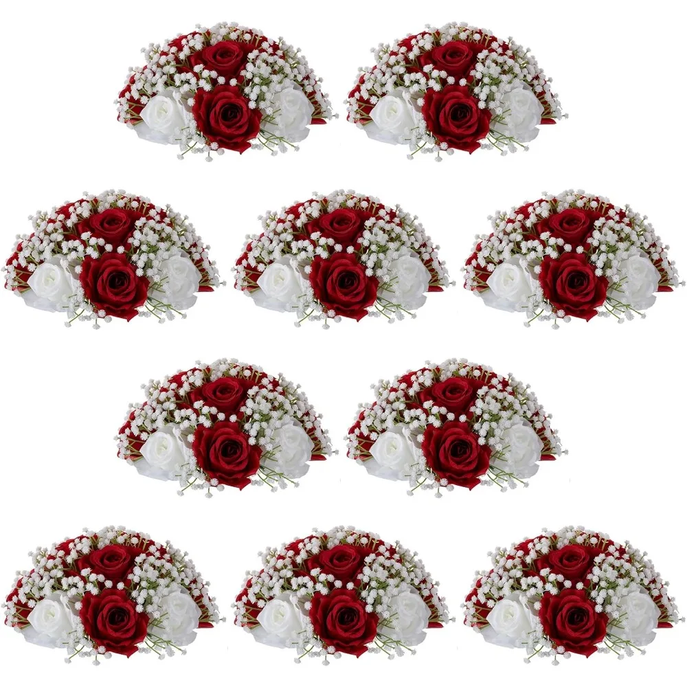 Wedding Decoration Artificial Flowers, 10 Deep Red Rose Balls with A Diameter of 9.4 Inches, Fake Flower Bundles for Weddings