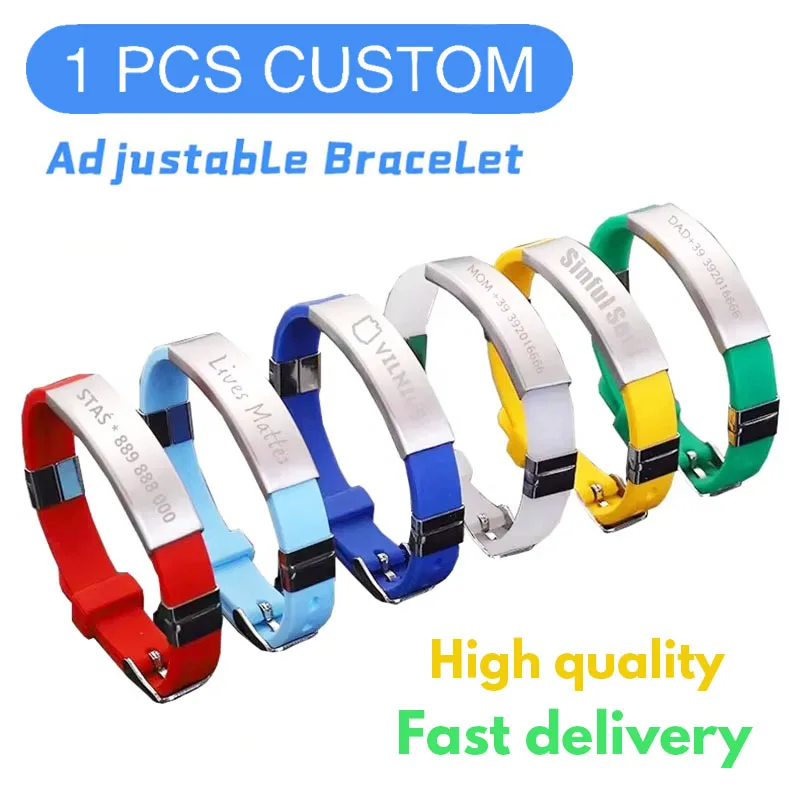 1PCS Adjustable Wristband Silicone Stainless Steel Pendant Phone Number Custom Bracelets Children SOS Personalized ID Bracelet
