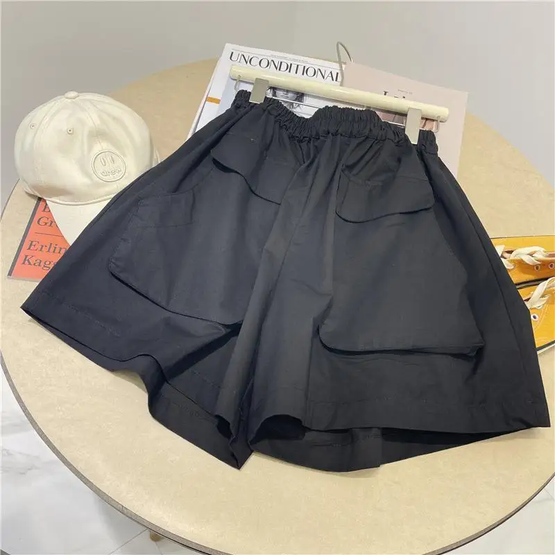Summer New Pocket Patchwork High Waist A-line Wide Leg Pants Solid Color Loose Plus Size Shorts Fashion Trend Women Clothing