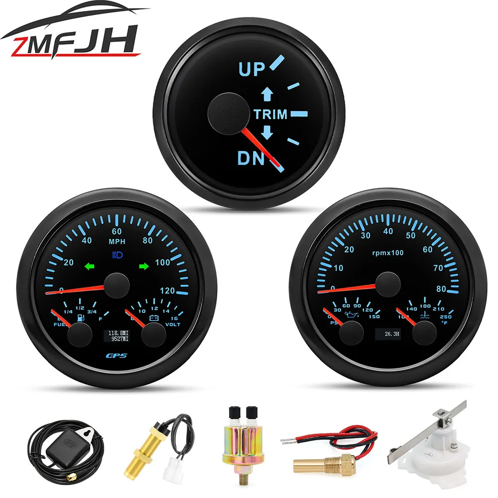 

3 Gauges Set GPS Speedometer With Antenna Fuel level Gauge Voltage Tachometer Water Temp Oil Pressure Trim Gauge With Sensor