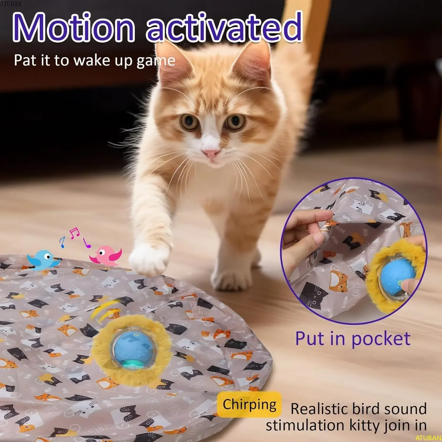 ATUBAN Interactive Cat Toys Ball Fast Rolling in Pouch, Motion Activate Chirping Cat Toy Hide and Seek Mouse Catching Game Toys