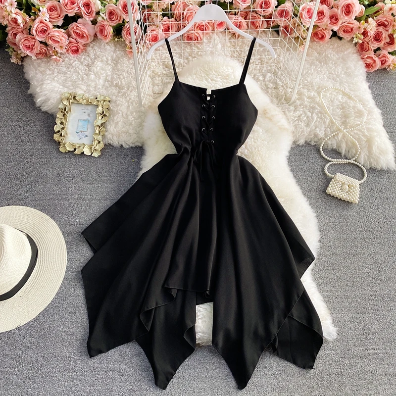 Solid Sexy Summer Women's Beach Dress For Girls Strap V Neck Sleeveless Sundresses Female High Waist Ladys Sash Tie Up Dresses