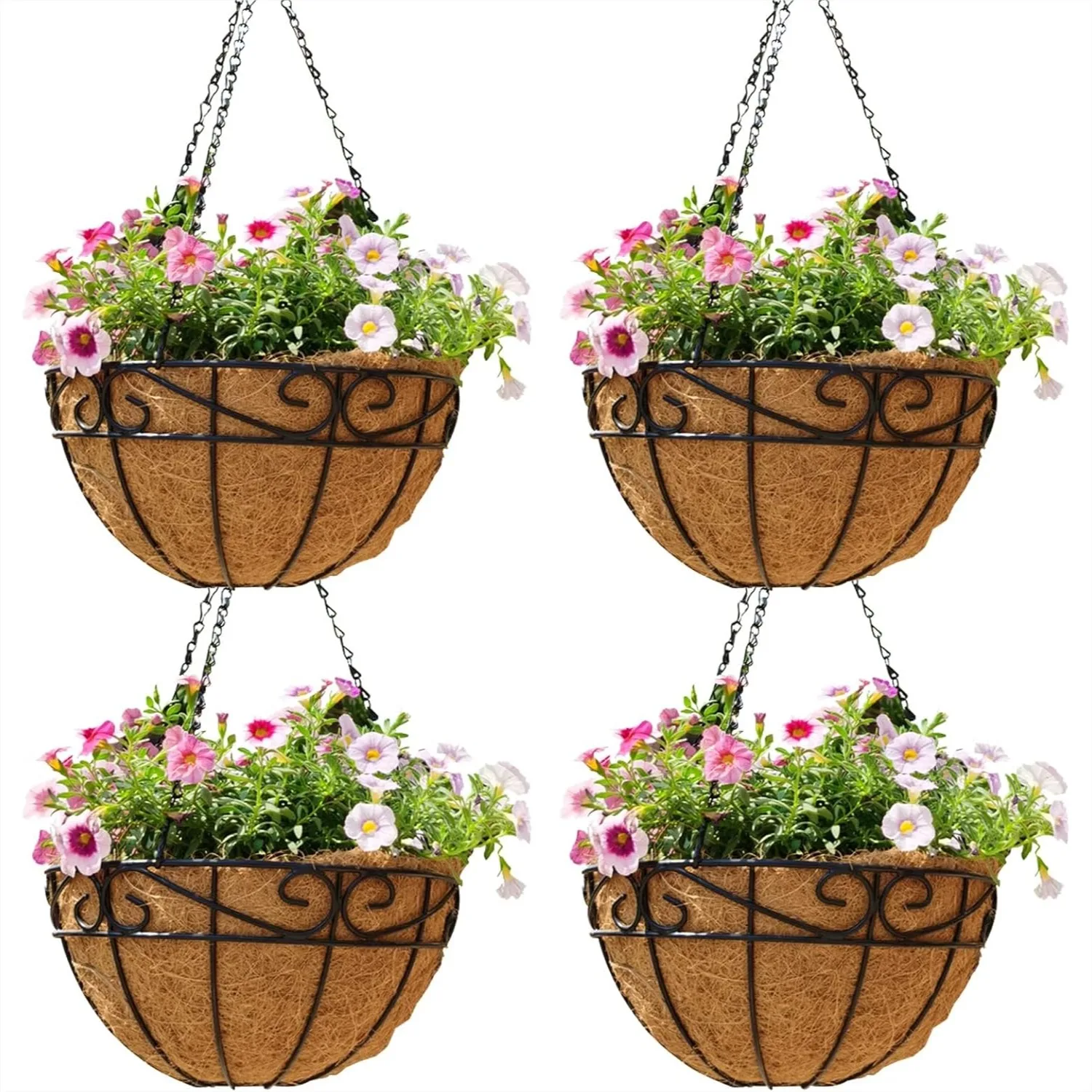 

Metal Hanging Baskets for Plants Outdoor 4 Pack Round Wire Planter with Coco Liners