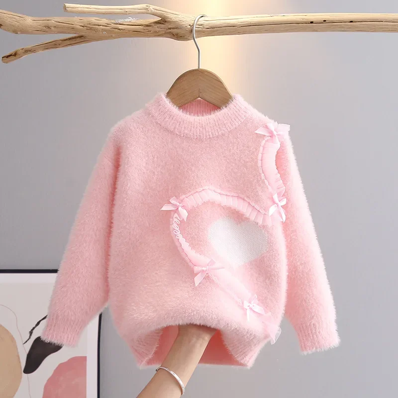 Girls Sweater Pullover Autumn and Winter Children's Knitted Wearing Toddler Girls Pink Sweater Cute Sweet Lace Pulls 110-150