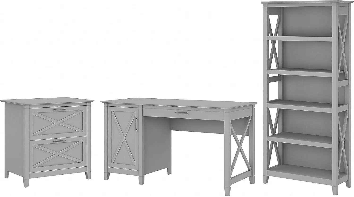 Key West 54W Computer Desk with 2 Drawer Lateral File Cabinet and 5 Shelf Bookcase in Cape Cod Gray