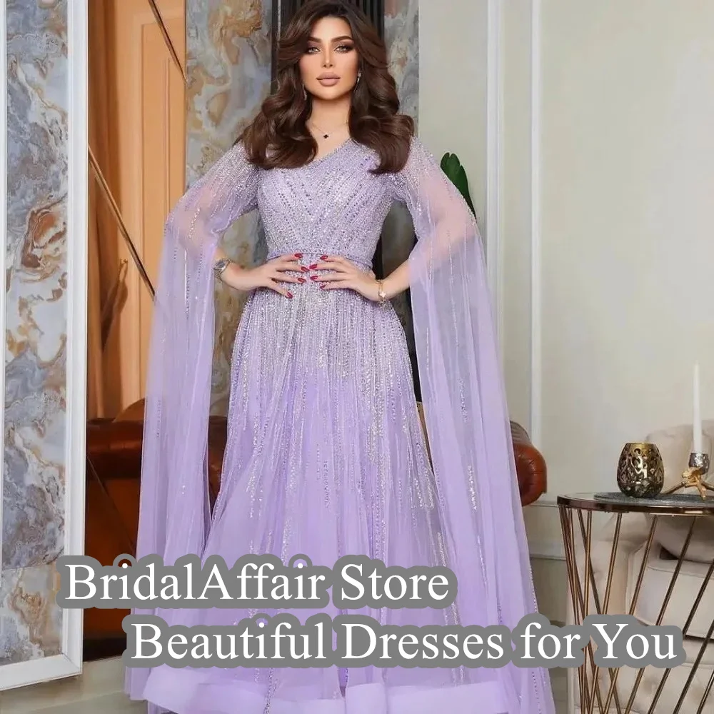 Luxury Beaded Sequins Prom Dresses V Neck Long Sleeves Vestidos De Noche A Line Tulle Saudi Arabia Women Evening Gowns