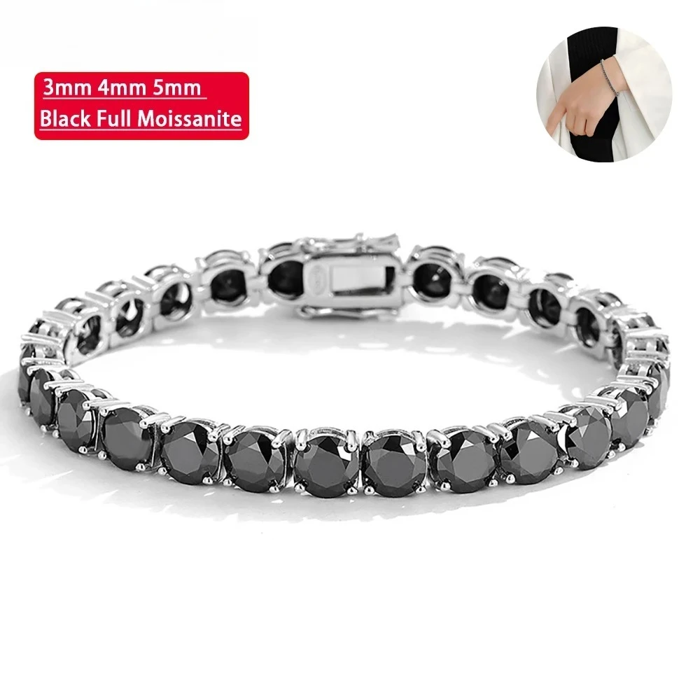 

3mm 4mm 5mm Black Moissanite Tennis Bracelet For Women Men Gift 100% S925 Sterling Silver Plated 18K Hand Chain Jewelry