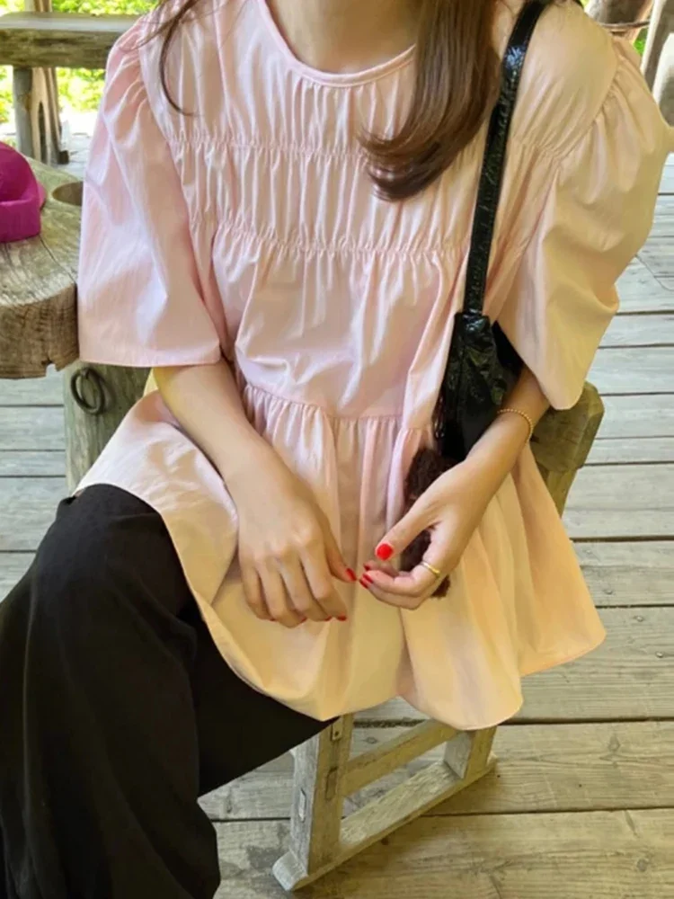 New Korean Minimalist Style Student Short Sleeved Shirt Summer Fashion Loose Round Neck Unique Solid Color Women Doll Shirt Top