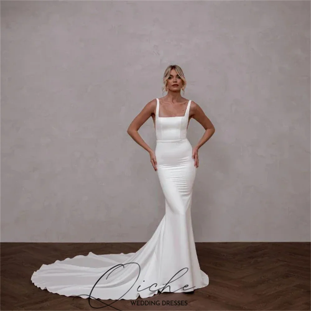 

QICHE Simple Sleeveless Mermaid Wedding Dresses Spaghetti Straps Square Collar Open Back Bridal Gown Vestido De Noiva Customized
