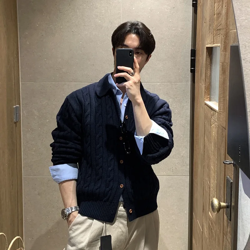 Men's Drop Shoulder Sleeve Sweater, Casual Loose Retro Coat, Korean Style, Trendy High Quality Linen Pattern Knitwear for Men