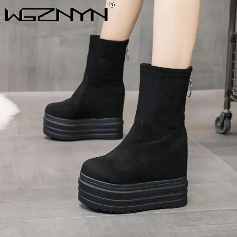 Zapatos de Mujer, botines con plataforma elástica de gamuza con cuña, zapatos informales para Mujer, Botas con cremallera trasera negra, Botas con punta cerrada para Mujer