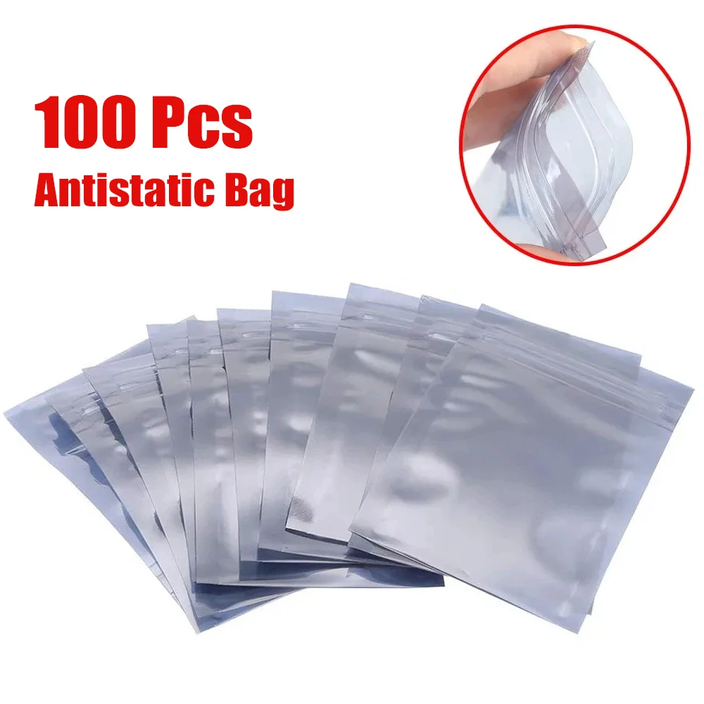 100Pcs Aluminum Antistatic Bag Resealable Anti Static Ziplock Bags Pouch Anti Static Package Mylar Bags for Electronic Pouches