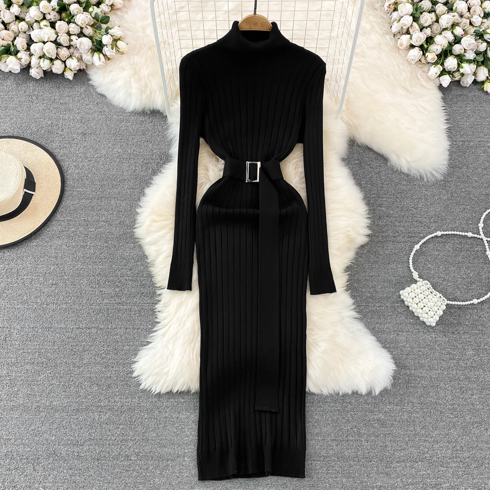 Autumn New Women Ins Hot Turtleneck Sexy Wrap Hips Knitted Dress Long Sleeve Female Bodycon Sweater Dresses - view 5