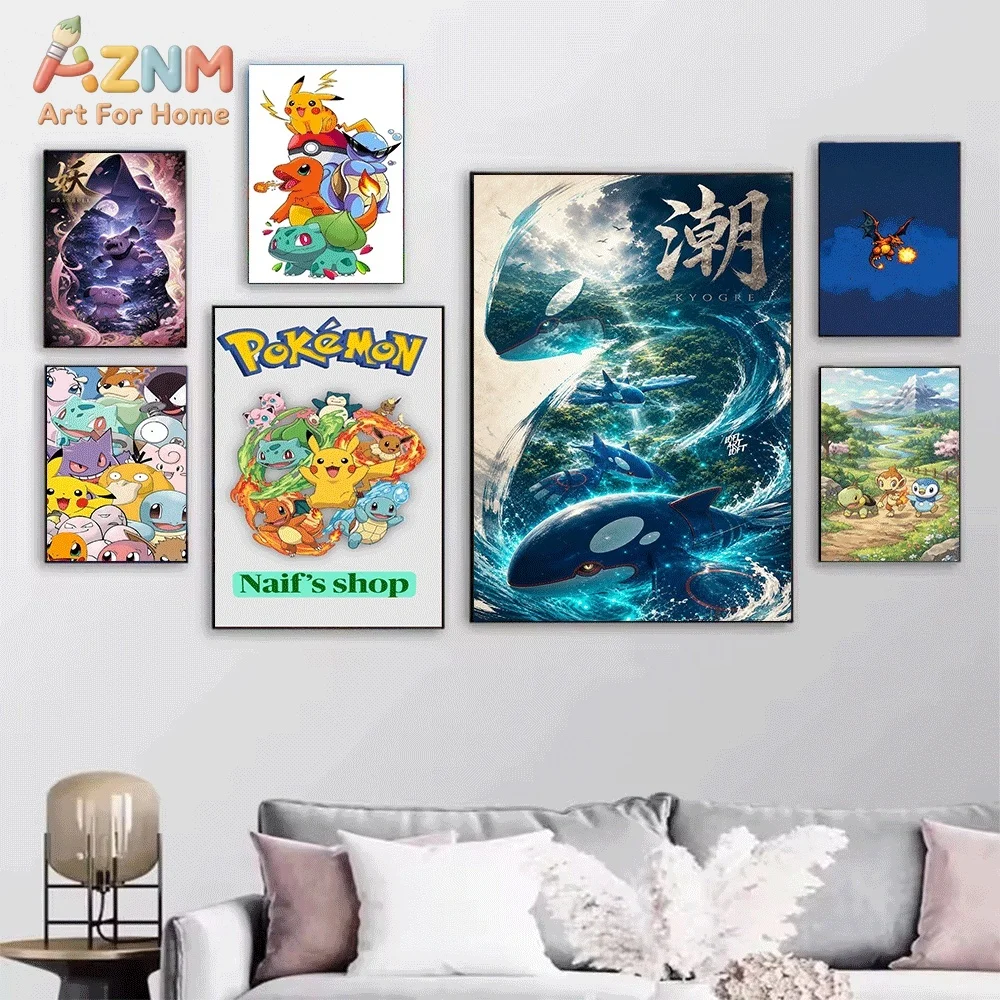 Anime Pokemon Dynamic Lightning Pikachu Canvas Wall Art, Electric‑type Pocket Monster Cartoon Frameless Canvas Painting for Ki