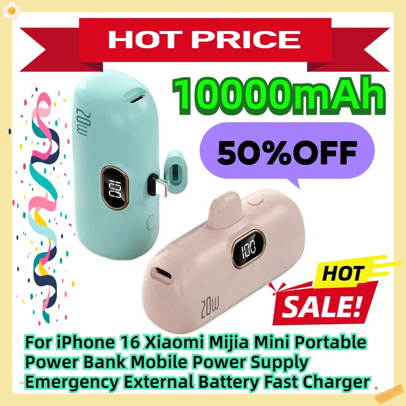

10000mAh For iPhone 16 Xiaomi Mijia Mini Portable Power Bank Mobile Power Supply Emergency External Battery Fast Charger