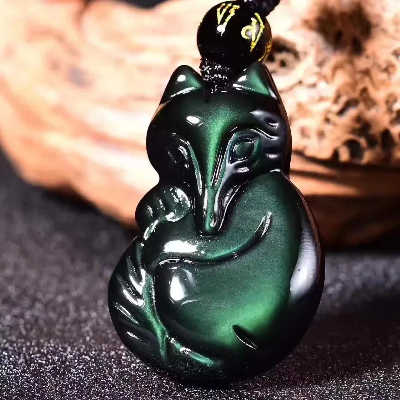 

Natural Rainbow Obsidian Hand Carved Nine Tailed Fox Jade Pendant Fashion Boutique Jewelry Men and Women's Fox Necklace Gift