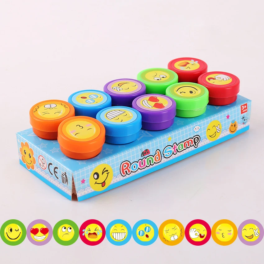 10pcs Postzegels Cartoon Smiley Gezicht Kids Zelfinkt Postzegels Kinderen Speelgoed voor Scrapbooking Seal Stamper DIY Schilderen Fotoalbum decor