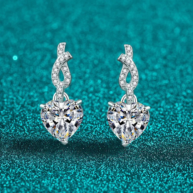 Elegant PT950 Platinum 4-carat Moissanite Stud Earrings for Women, Heart-shaped Knot with Diamond Earrings Holiday Gifts