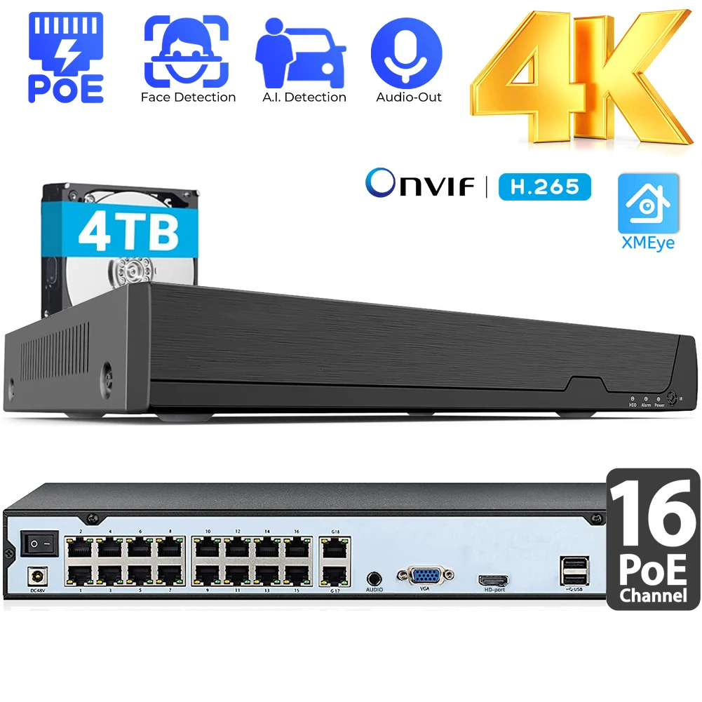 NVR POE 4K de 16 canales Grabador de vídeo en red POE de 8 MP para sistema de cámara de seguridad para el hogar Grabadores de alimentación a través de Ethernet de 16 canales DVR para Cámaras IP Onvif Admite discos duro