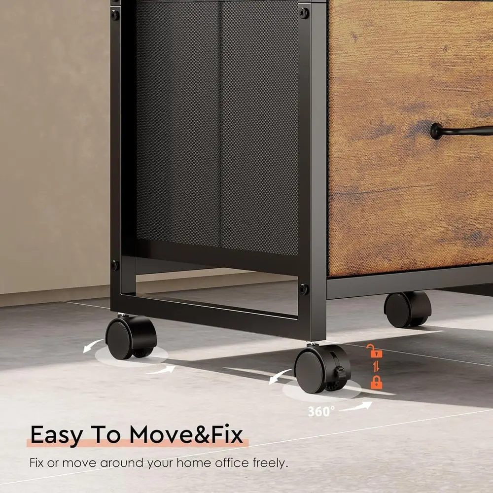 Rustic Brown 3-Drawer File Cabinet on Wheels with Printer Stand and Open Shelf for Home Office