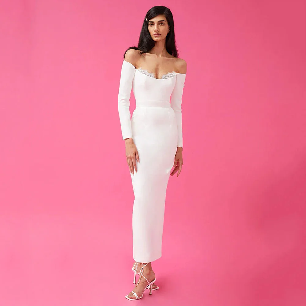 Robe de mariée colonne personnalisée, manches longues, épaules dénudées, en dentelle, longueur cheville, poches, robes de mariée modernes